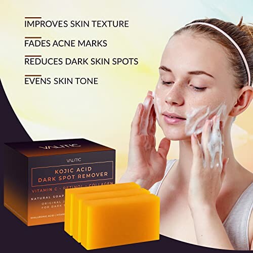 Woman using Kojic Acid Dark Spot Remover soap for skin care