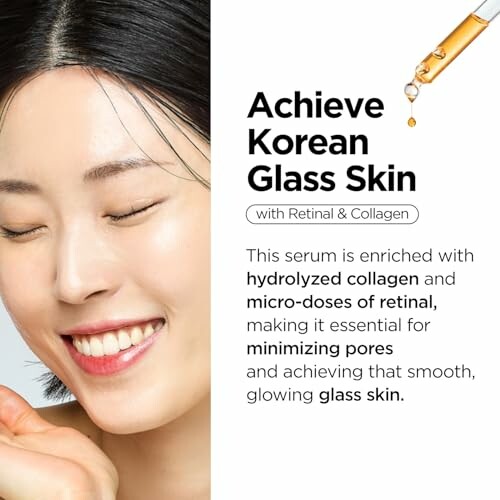 Woman smiling with text about achieving Korean glass skin using serum with collagen and retinal.