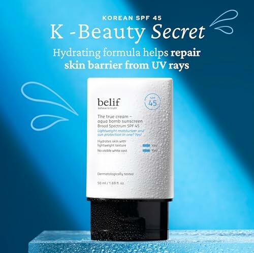 Belif SPF 45 sunscreen with hydrating formula for skin protection.