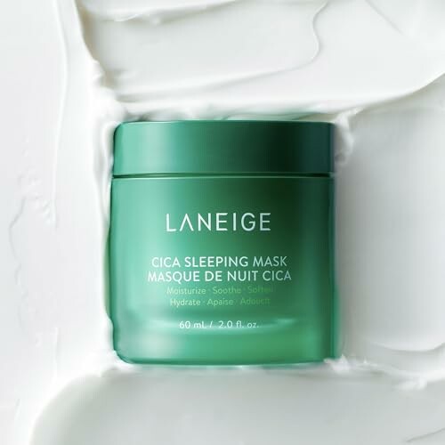 Laneige Cica Sleeping Mask in a green jar on a white background.