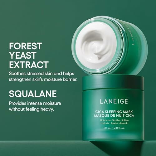 Laneige Cica Sleeping Mask with forest yeast extract and squalane benefits.