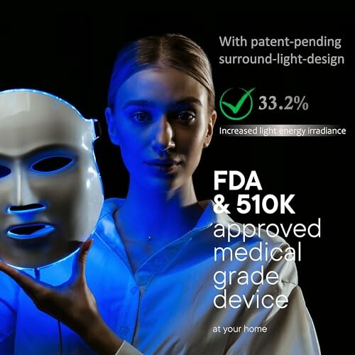 Person holding a light therapy mask, with text about FDA and 510K approval.