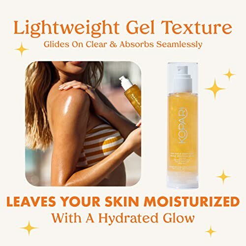 Lightweight gel texture skincare product with a woman applying it for a moisturized glow.