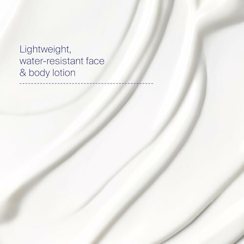 Close-up of lightweight lotion texture with text 'Lightweight, water-resistant face & body lotion'