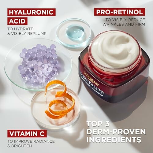 L'Oreal Revitalift cream with hyaluronic acid, pro-retinol, and vitamin C.