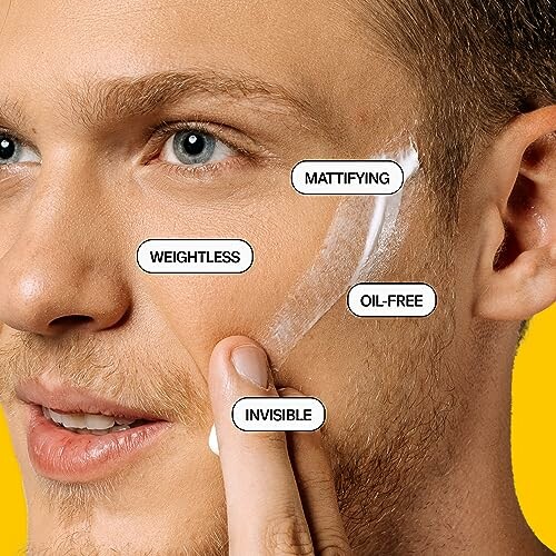 Close-up of a man applying moisturizer with labels: mattifying, weightless, oil-free, invisible.