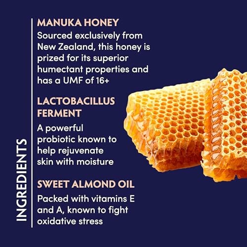 Manuka honey, lactobacillus ferment, and sweet almond oil ingredients with benefits.