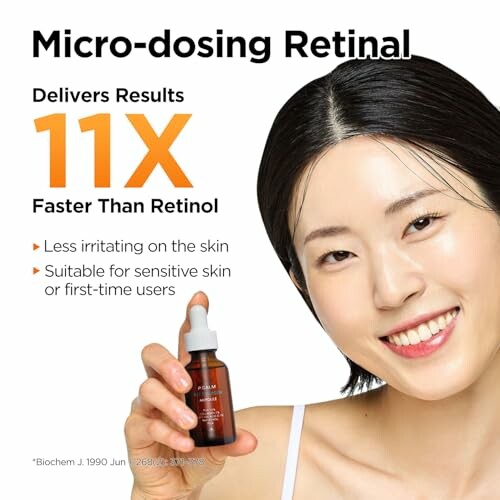 Woman smiling and holding a bottle of retinal serum with text about its benefits.