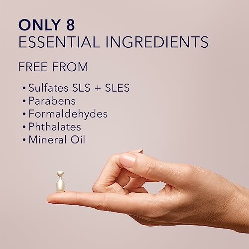 Hand holding a capsule with text about only 8 essential ingredients, free from sulfates, parabens, formaldehydes, phthalates, and mineral oil.