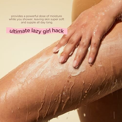 Person applying moisturizer on wet leg with text promoting an easy skincare hack.