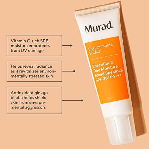 Murad Essential-C Day Moisture SPF 30 PA+++ tube with benefits listed.