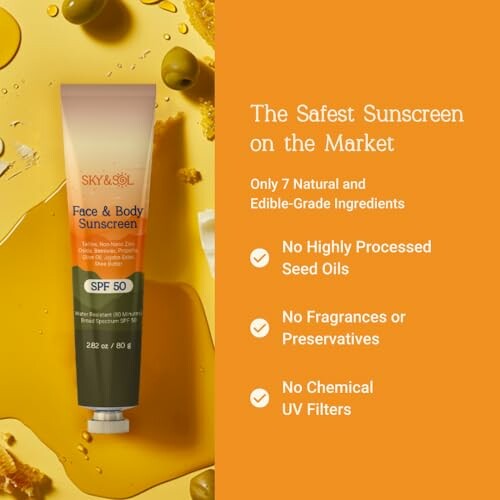 Natural face and body sunscreen SPF 50 with safe ingredients.