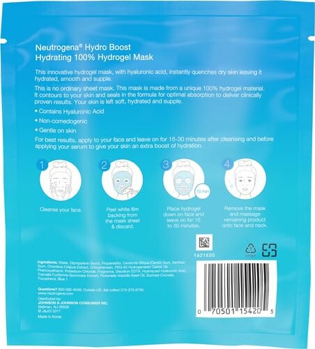 Back view of Neutrogena Hydro Boost Hydrating Mask packaging with instructions