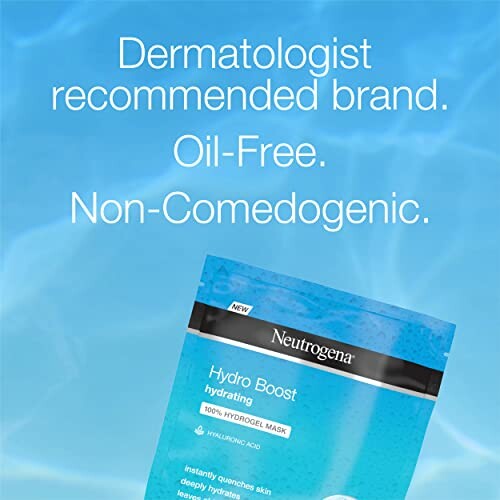 Neutrogena Hydro Boost hydrating mask packaging with text: Dermatologist recommended brand. Oil-Free. Non-Comedogenic.