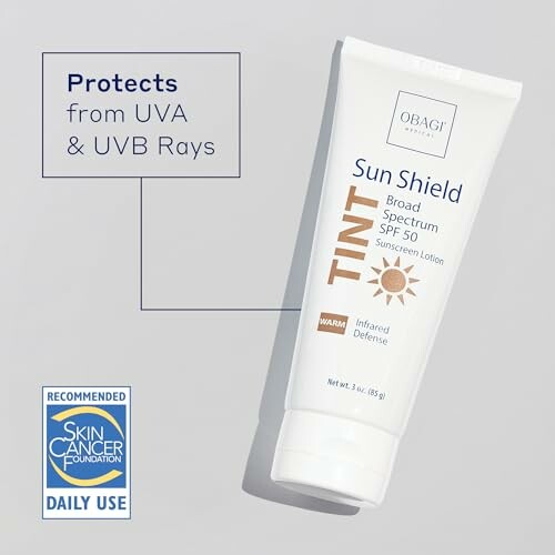 Obagi Sun Shield Tint SPF 50 sunscreen lotion with UVA and UVB protection.