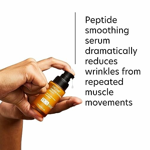 Hands holding a bottle of peptide smoothing serum with text about reducing wrinkles.