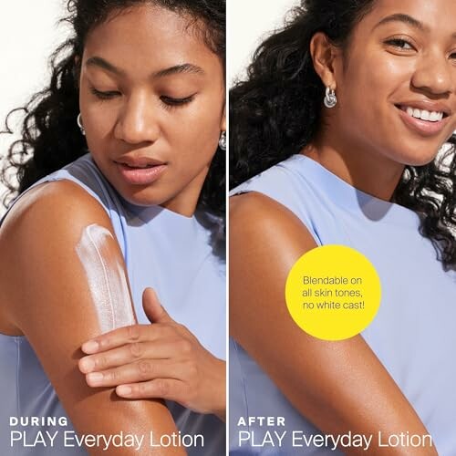 Woman applying and after applying lotion showing no white cast.