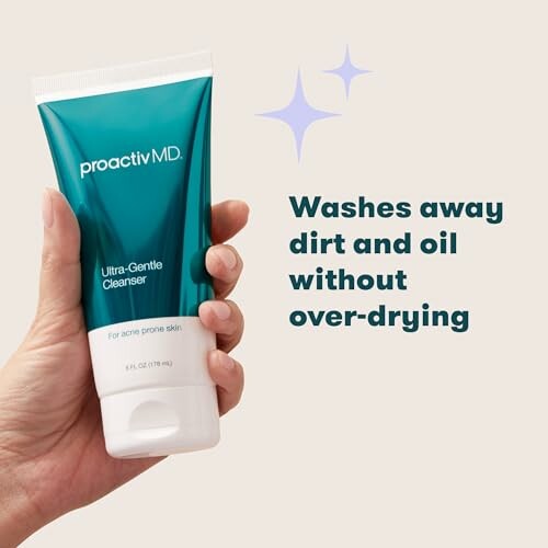 Hand holding Proactiv MD Ultra-Gentle Cleanser with text 'Washes away dirt and oil without over-drying'.