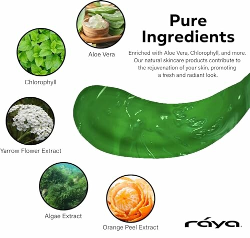 Skincare ingredients including aloe vera, chlorophyll, yarrow flower extract, algae extract, and orange peel extract.