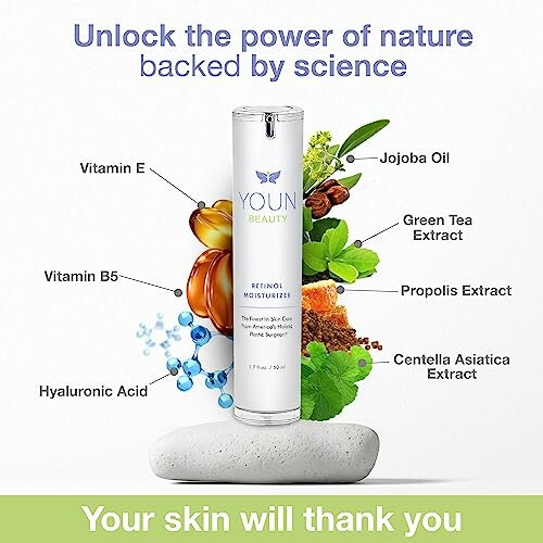 Retinol moisturizer with natural ingredients like Vitamin E, Jojoba Oil, Green Tea Extract, and more.