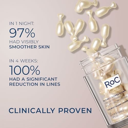 RoC skincare product with capsules and text claiming smoother skin and line reduction.