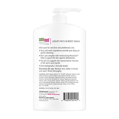 Sebamed Liquid Face and Body Wash bottle with product details