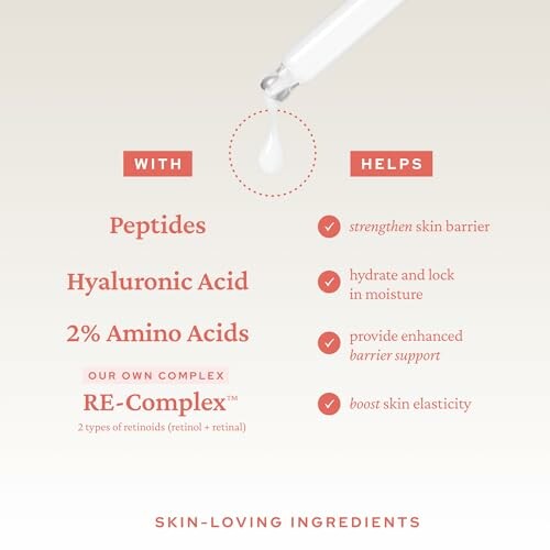 Skin care ingredients with benefits listed, including peptides and hyaluronic acid.