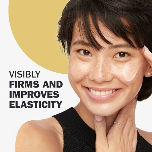 Smiling person applying skincare cream with text 'Visibly firms and improves elasticity'.