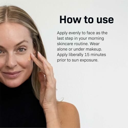 Woman applying skincare product with usage instructions on the side.