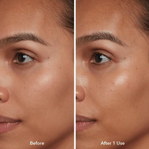 Close-up of a person's face showing skin texture before and after using a product.