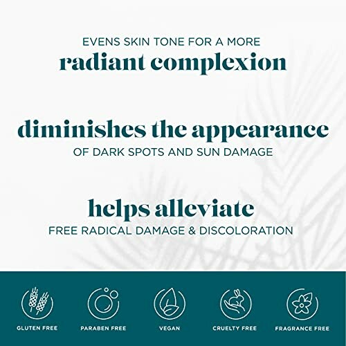 Skincare benefits infographic highlighting radiant complexion, diminishes dark spots, free radical damage alleviation.