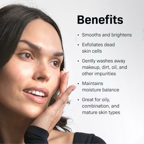 Woman highlighting skincare benefits such as smoothing, exfoliating, cleansing, and moisture balance.