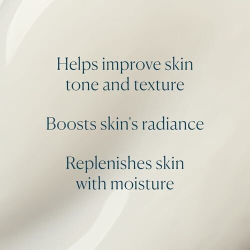 Text highlighting skincare benefits: improves skin tone, boosts radiance, replenishes moisture.