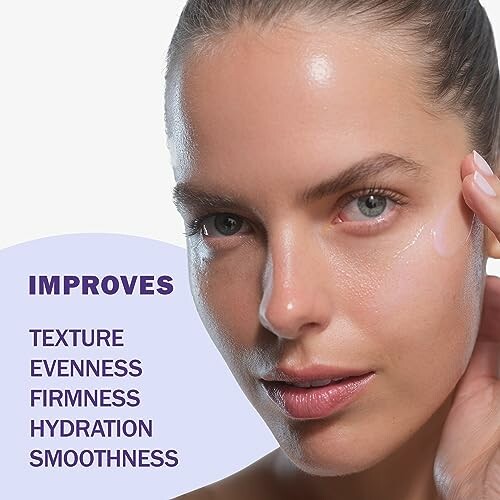 Woman with glowing skin highlighting skincare benefits: texture, evenness, firmness, hydration, smoothness.