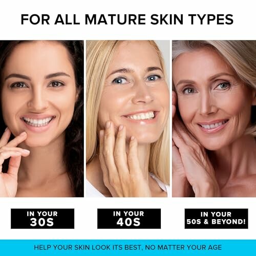 Three women with different age groups showcasing skincare for mature skin types.