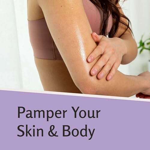 Woman applying lotion to arm with text 'Pamper Your Skin & Body'