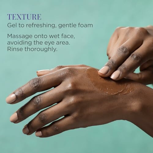 Hands applying gel on skin with skincare instructions.