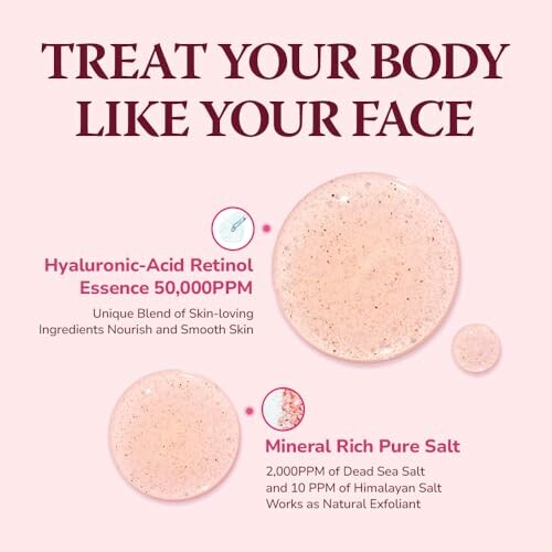 Skincare product ingredients with hyaluronic acid retinol essence and mineral rich pure salt.