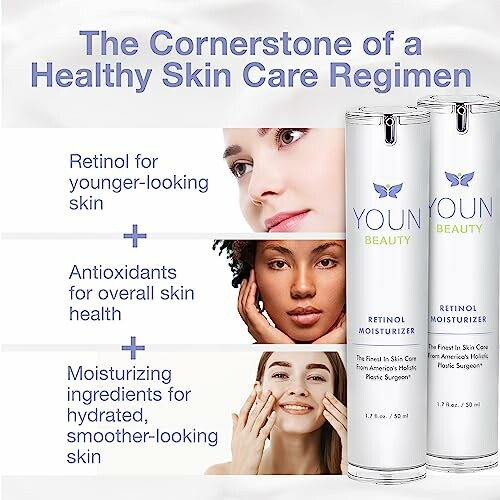 Skincare regimen with retinol, antioxidants, and moisturizing ingredients.