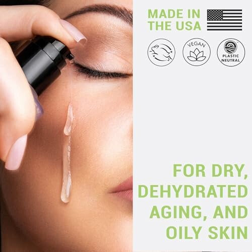 Woman applying skincare serum, suitable for dry, dehydrated, aging, and oily skin.