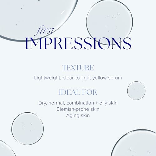 Skincare serum description with texture and ideal skin types.