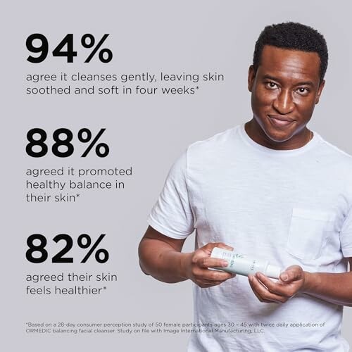 Man holding skincare product with testimonial percentages.