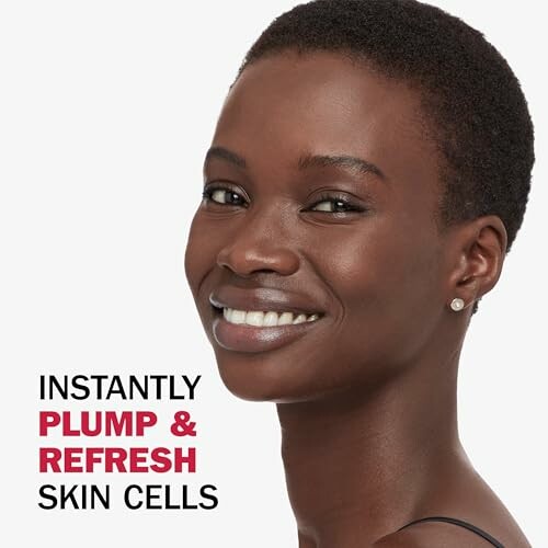 Woman smiling with text 'Instantly Plump & Refresh Skin Cells'.