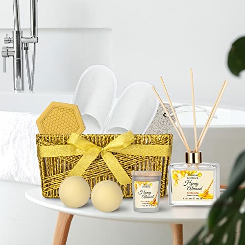 Spa gift set with slippers, diffuser, soap, and candles in a bathroom.