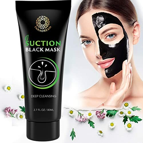 Black mask tube with woman applying mask on half her face.