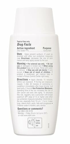 Sunscreen bottle with drug facts label and instructions.