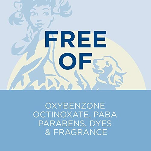 Label stating sunscreen is free of oxybenzone, octinoxate, PABA, parabens, dyes, and fragrance.