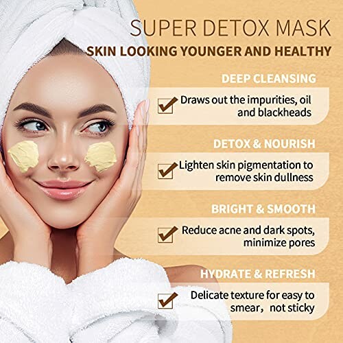 Woman with face mask, benefits of super detox mask listed.