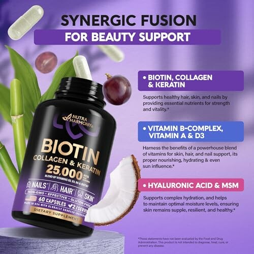 Biotin supplement for beauty support with collagen and vitamins.