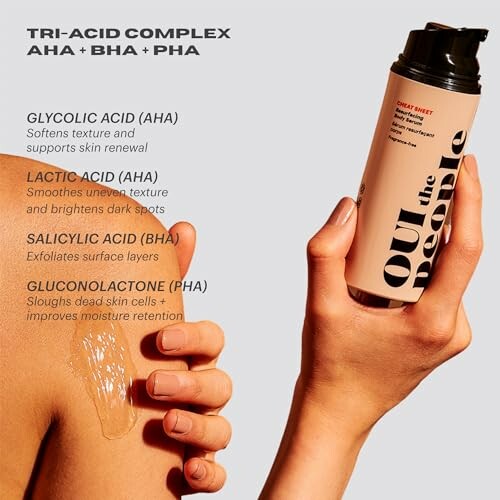 Hand holding skincare product with tri-acid complex ingredients listed.